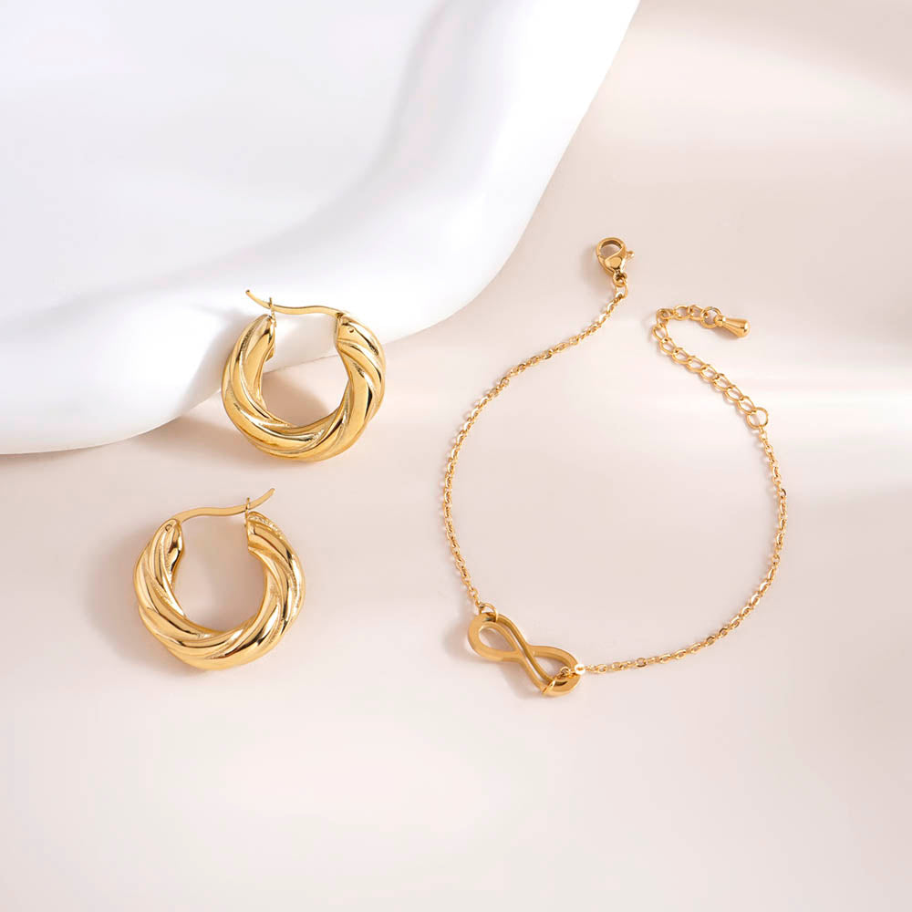 Twisted Round Hoop Earrings Infinity Charm Bracelet Combo Set