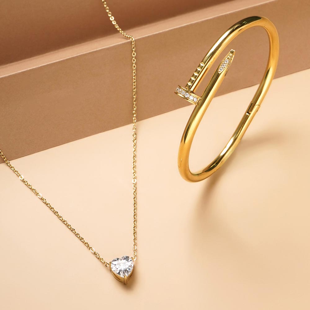 Sparkling Hearts Gold Necklace Nail Bangle Bracelet Combo Set