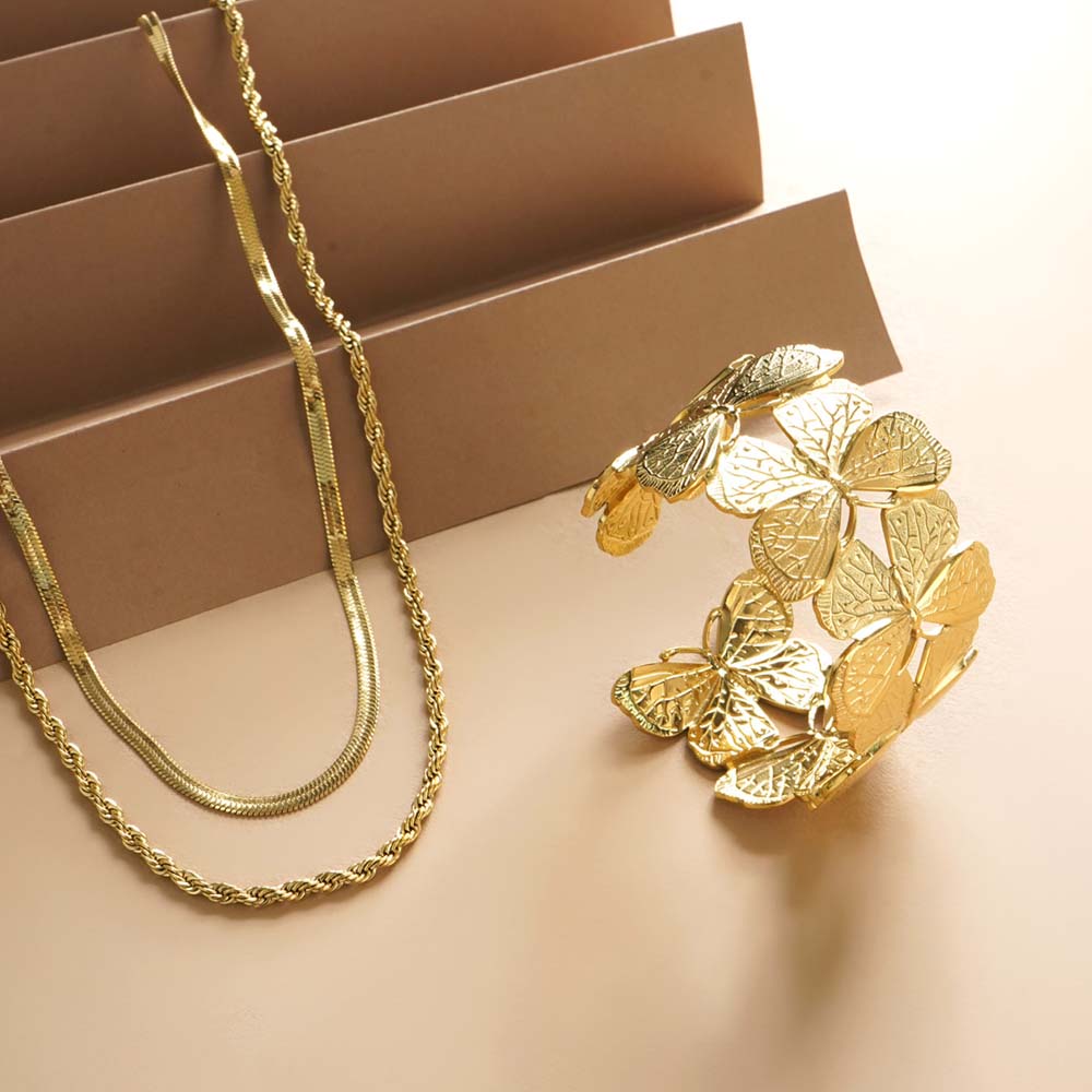 Butterfly Gold Cuff Bracelet Rope N Snake Chain Combo Set