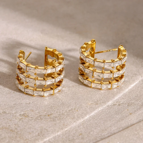 Golden Stripes Stone Stud Earrings