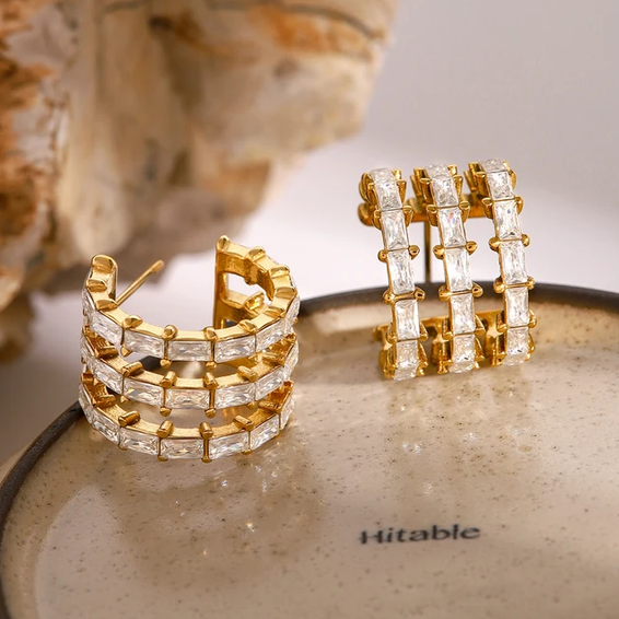 Golden Stripes Stone Stud Earrings