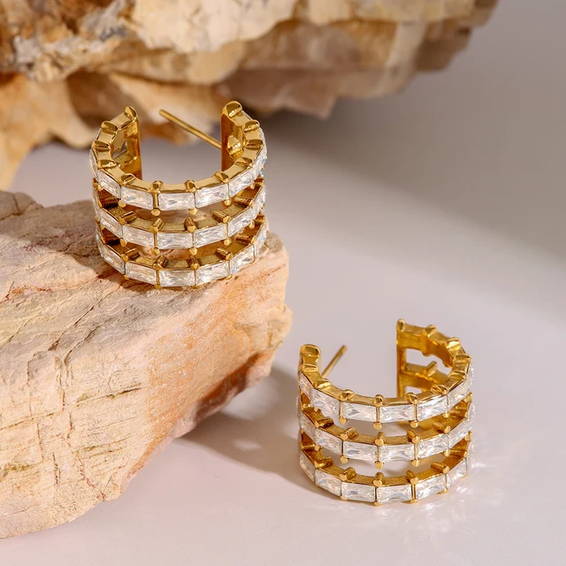 Golden Stripes Stone Stud Earrings