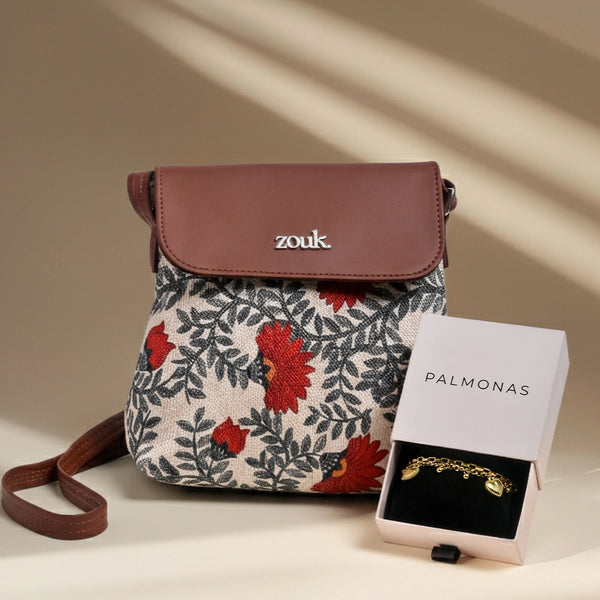 ZOUK Nawabi Couture Flap Sling Bag X PALMONAS Hearts All Over Bracelet