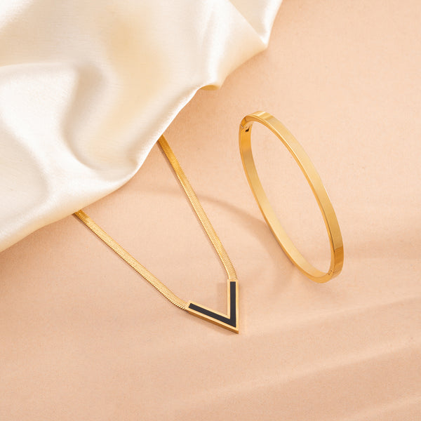 Black Vixen Necklace & Plain Stackable Bangle Bracelet | 4MM Combo Set