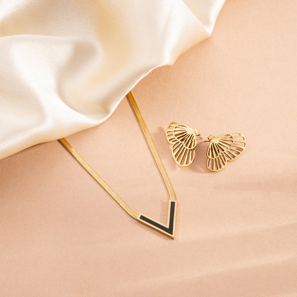 Black Vixen Necklace & Butterfly Wing Stud Earrings Combo Set