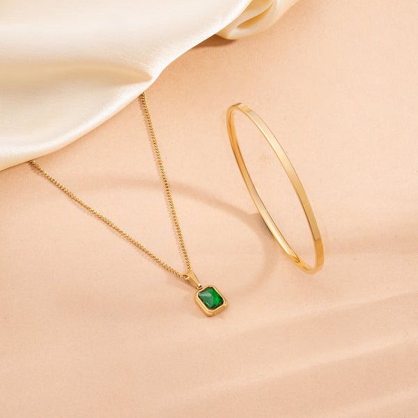 Classic Emerald Necklace & Flat Wire Bangle Bracelet Combo Set
