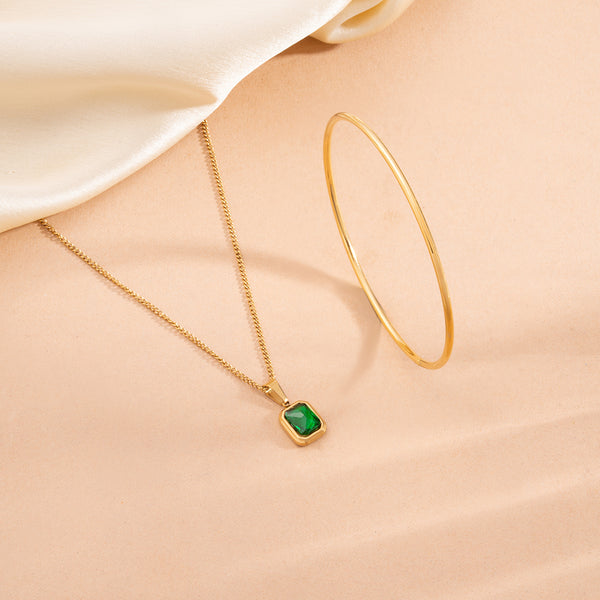 Classic Emerald Necklace & Round Wire Bangle Bracelet Combo Set