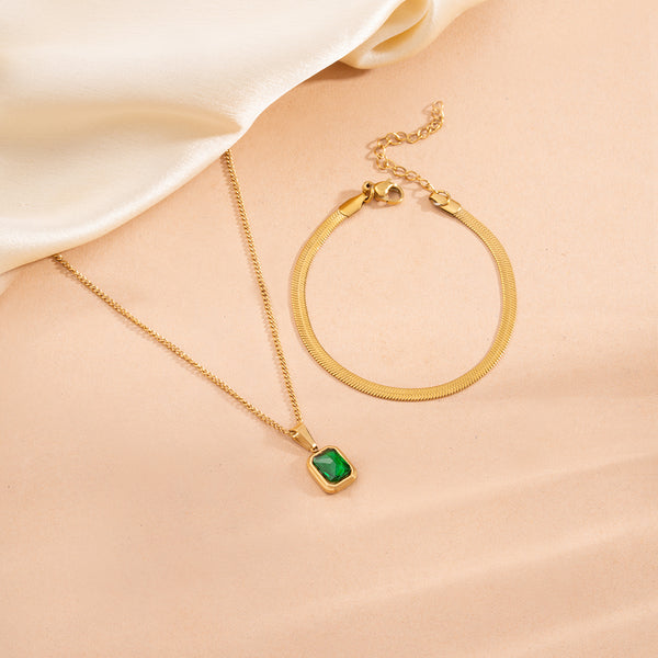 Silk Chain Bracelet & Classic Emerald Necklace Combo Set