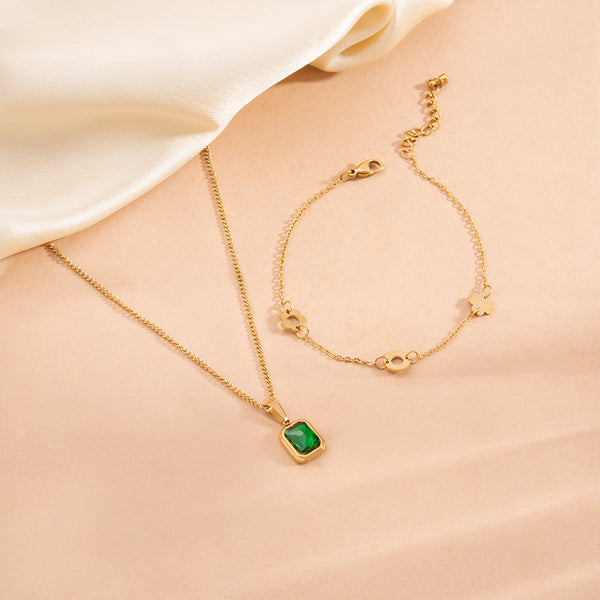 Classic Emerald Necklace & Dainty Flower Bracelet Combo Set