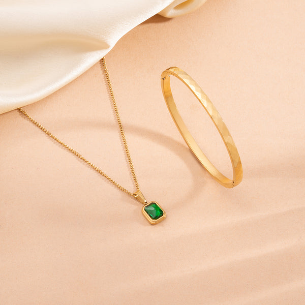 Classic Emerald Necklace & Gilded Haze Bangle Bracelet Combo Set