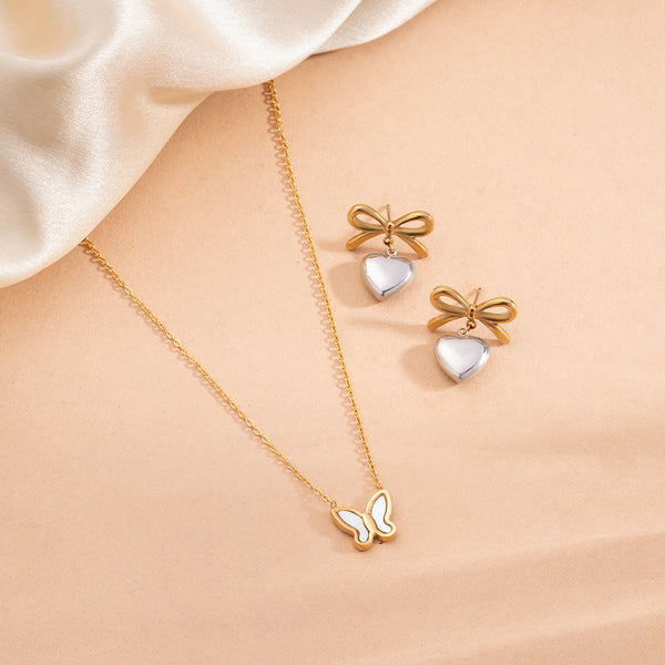 Little Butterfly Necklace & Bi-metal Wrapped With Love Earrings Combo Set