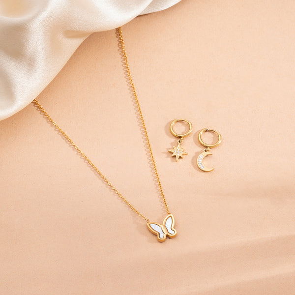 Little Butterfly Necklace & Studded Star Moon Hoop Earrings Combo Set