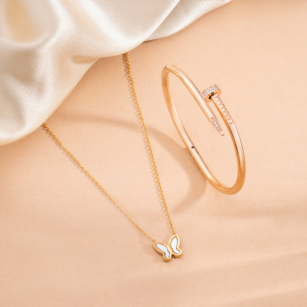 Little Butterfly Necklace & Nail Bangle Bracelet Combo Set