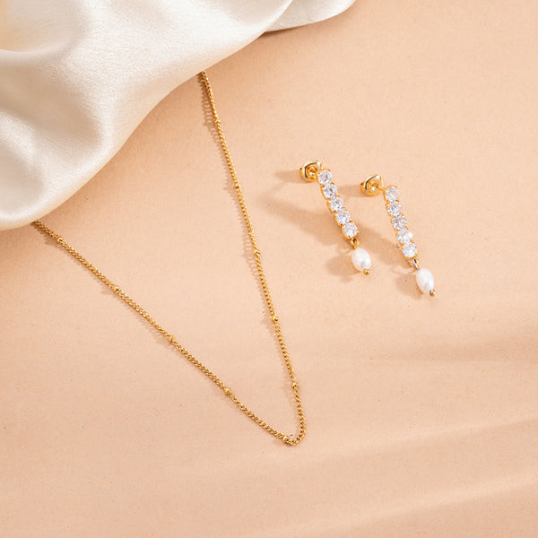 Beaded Chain Necklace & Pearl Drop Diamond Earrings Combo Set