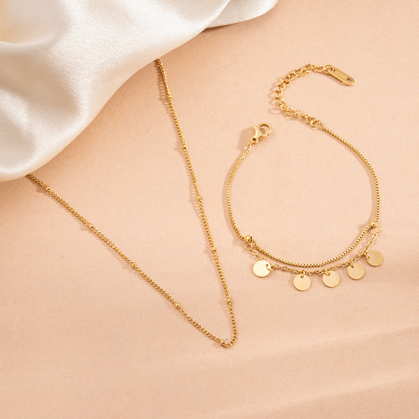 Beaded Chain Necklace & Tiny Plates Bracelet Combo Set