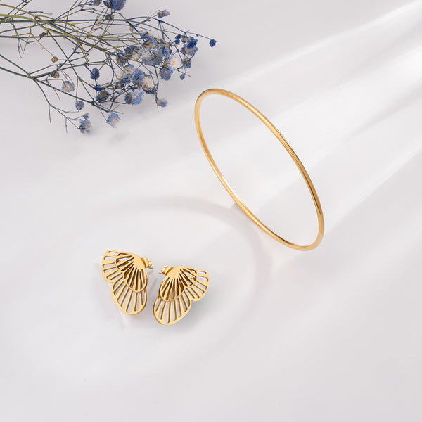 Round Wire Bangle Bracelet & Butterfly Wing Stud Earrings Combo Set