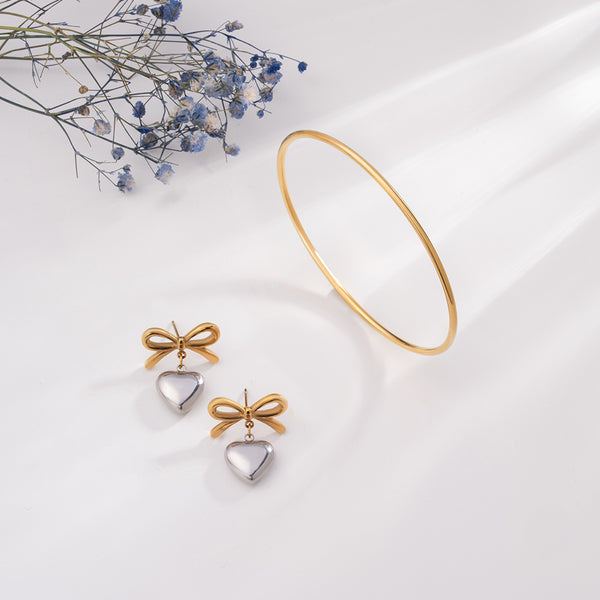 Round Wire Bangle Bracelet & Bi-metal Wrapped With Love Earrings Combo Set