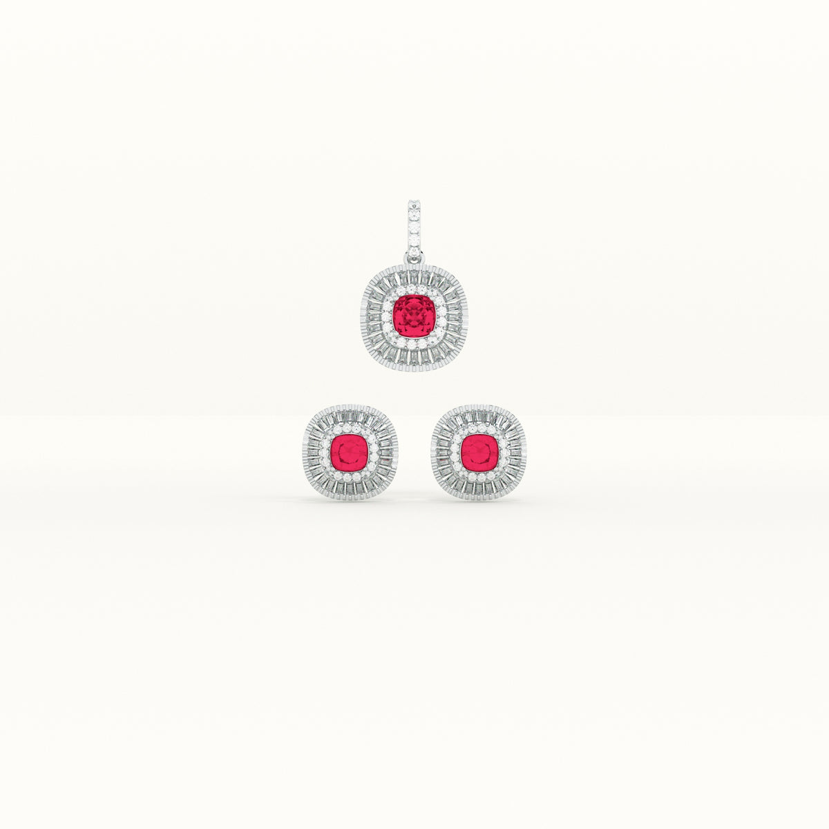 Red Crystal Halo 925 Sterling Silver Pendant Earring Set