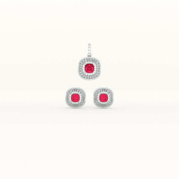 Red Crystal Halo 925 Sterling Silver Pendant Earring Set