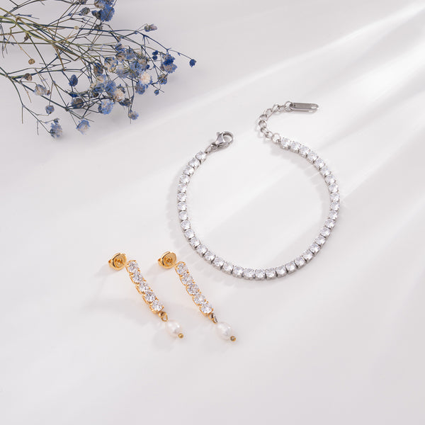Diamond Affair Bracelet & Pearl Drop Diamond Earrings Combo Set