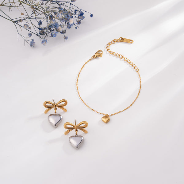 Cute Heart Bracelet & Bi-metal Wrapped With Love Earrings Combo Set