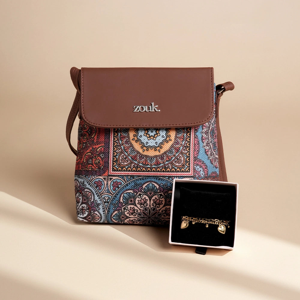 ZOUK Mandala Print Flap Sling Bag X PALMONAS Hearts All Over Bracelet