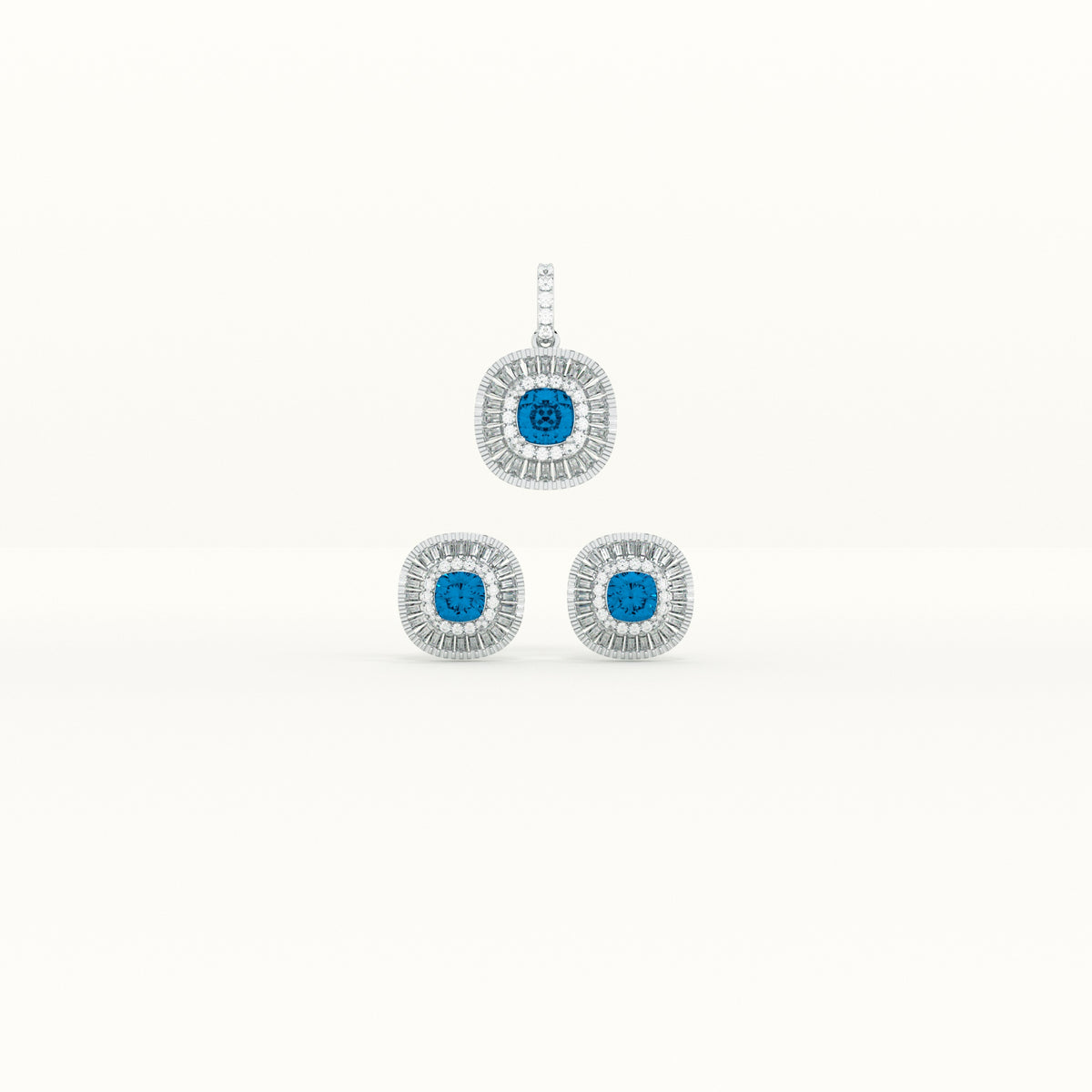 Blue Crystal Halo 925 Sterling Silver Pendant Earring Set