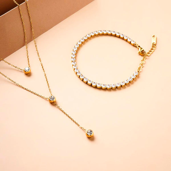 Diamond Affair Bracelet & Two Layered Solitaire Drop Necklace Combo Set - Image 1