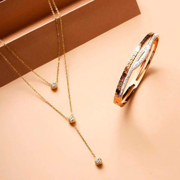 Multi Stone Q Clasp Bracelet & Two Layered Solitaire Drop Necklace Combo Set