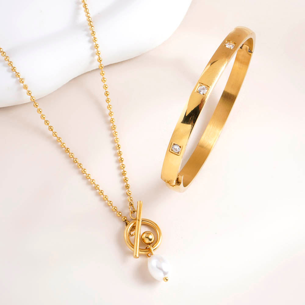 Dazzling Stone Bangle Bracelet & Dainty Beaded Pearl Chain Combo Set - view 2