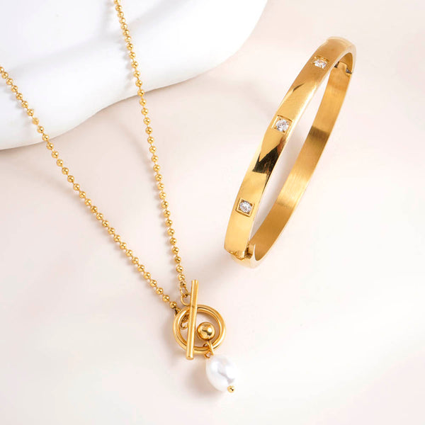 Dazzling Stone Bangle Bracelet & Dainty Beaded Pearl Chain Combo Set - Image 1