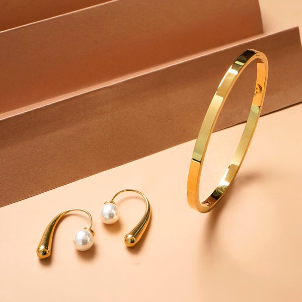 Plain Stackable Bangle Bracelet |4MM & Pearl Hook Earrings Combo Set - Image 1