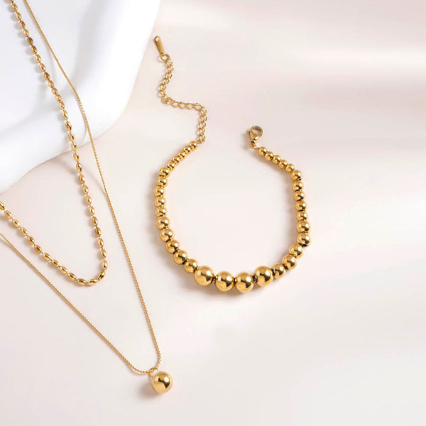 Gold Beaded Bracelet & Two-Layered Bead Necklace Combo Set - Image 1