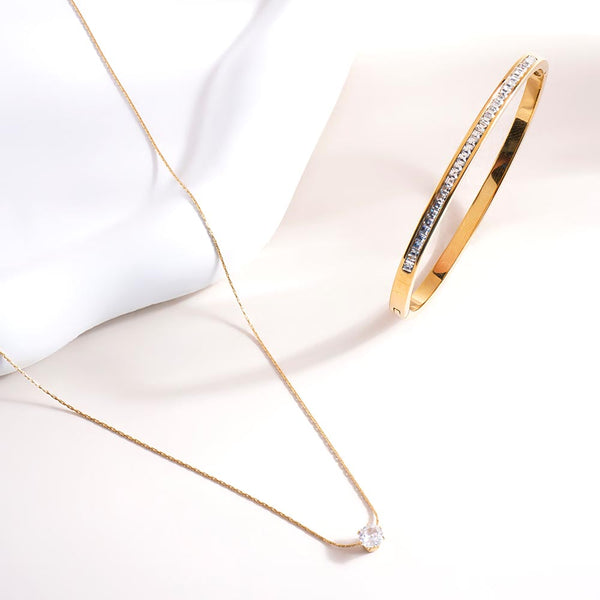 Sparkling Line Bangle Bracelet & Delicate Diamond Studded Necklace Combo Set