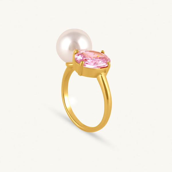 Elegant Pink Crystal & Pearl Ring - Image 1