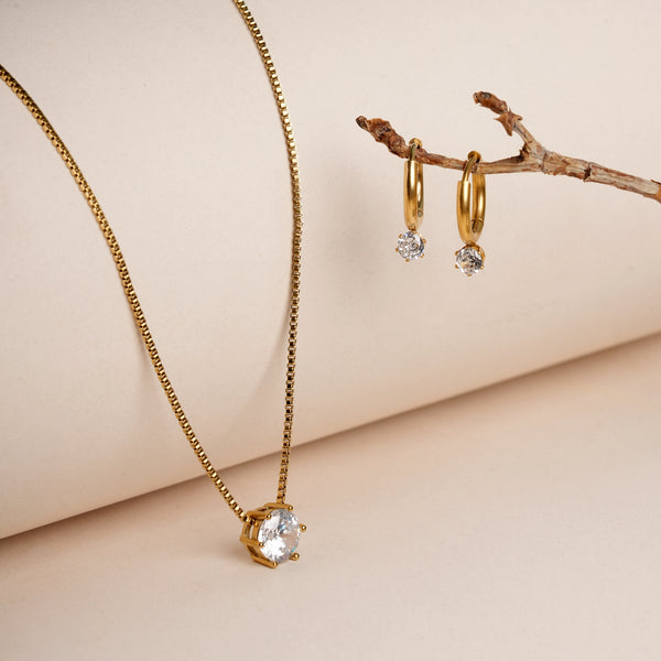 Round Solitaire Necklace & Athena Solitaire Hoop Earrings Jewellery Set