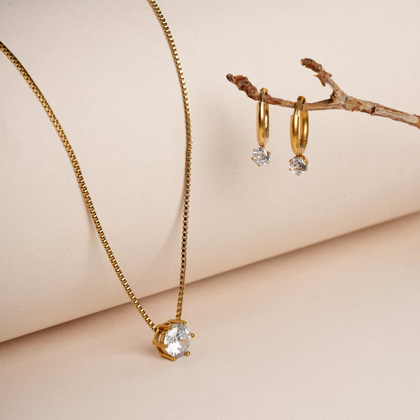 Round Solitaire Necklace & Athena Solitaire Hoop Earrings Jewellery Set - Image 1