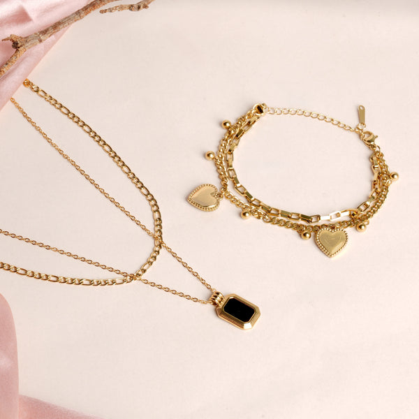Hearts All Over Bracelet & Black Onyx Two Layer Necklace Jewellery Set - Image 1