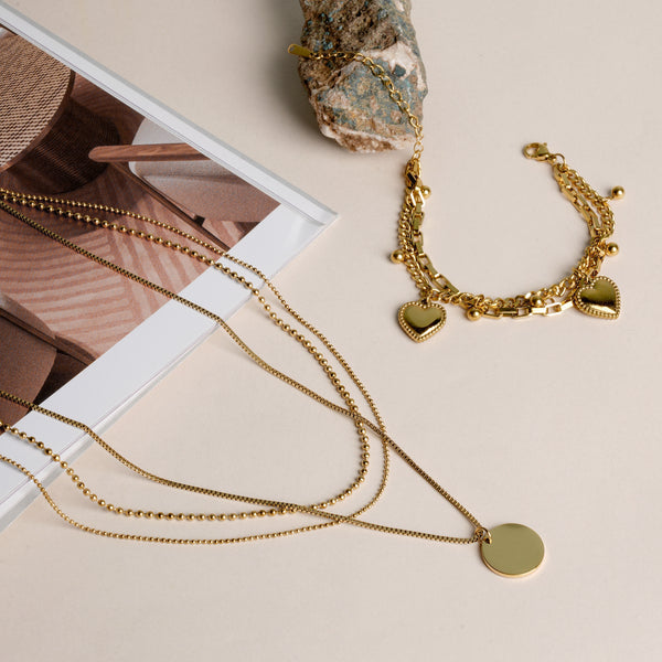 Hearts All Over Bracelet & Round Belle Three Layer Necklace Jewellery Set - Image 1