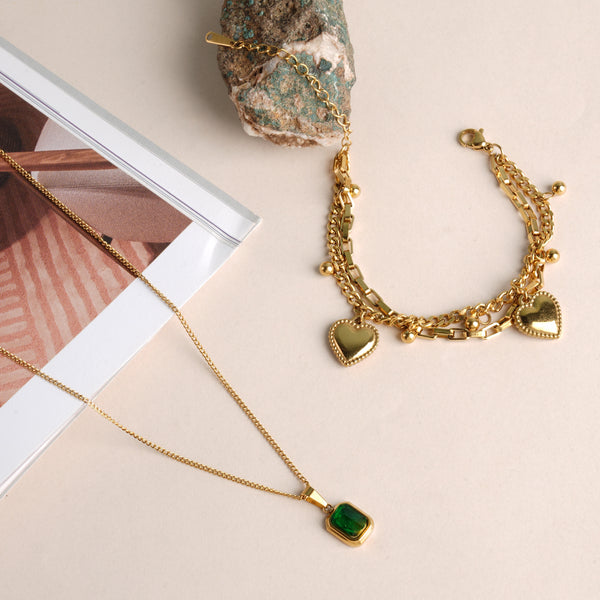 Classic Emerald Necklace & Hearts All Over Bracelet Jewellery Set - Image 1