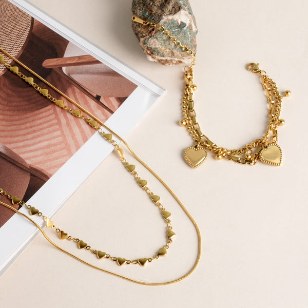 Love Embrace Two Layered Necklace & Hearts All Over Bracelet Jewellery Set - Image 1