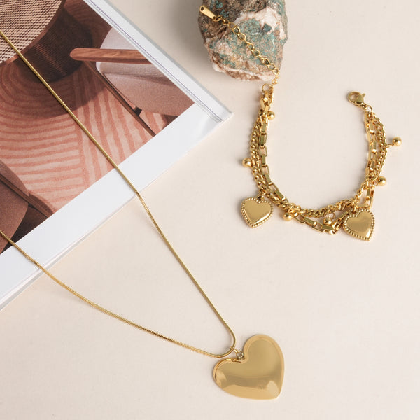 Hearts All Over Bracelet & Golden Heart Charm Chain Necklace Jewellery Set - Image 1