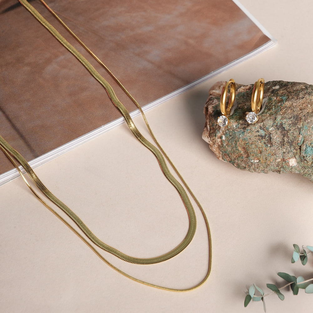 Athena Solitaire Hoop Earrings Plain Chain Two Layer Necklace Jewellery  Set