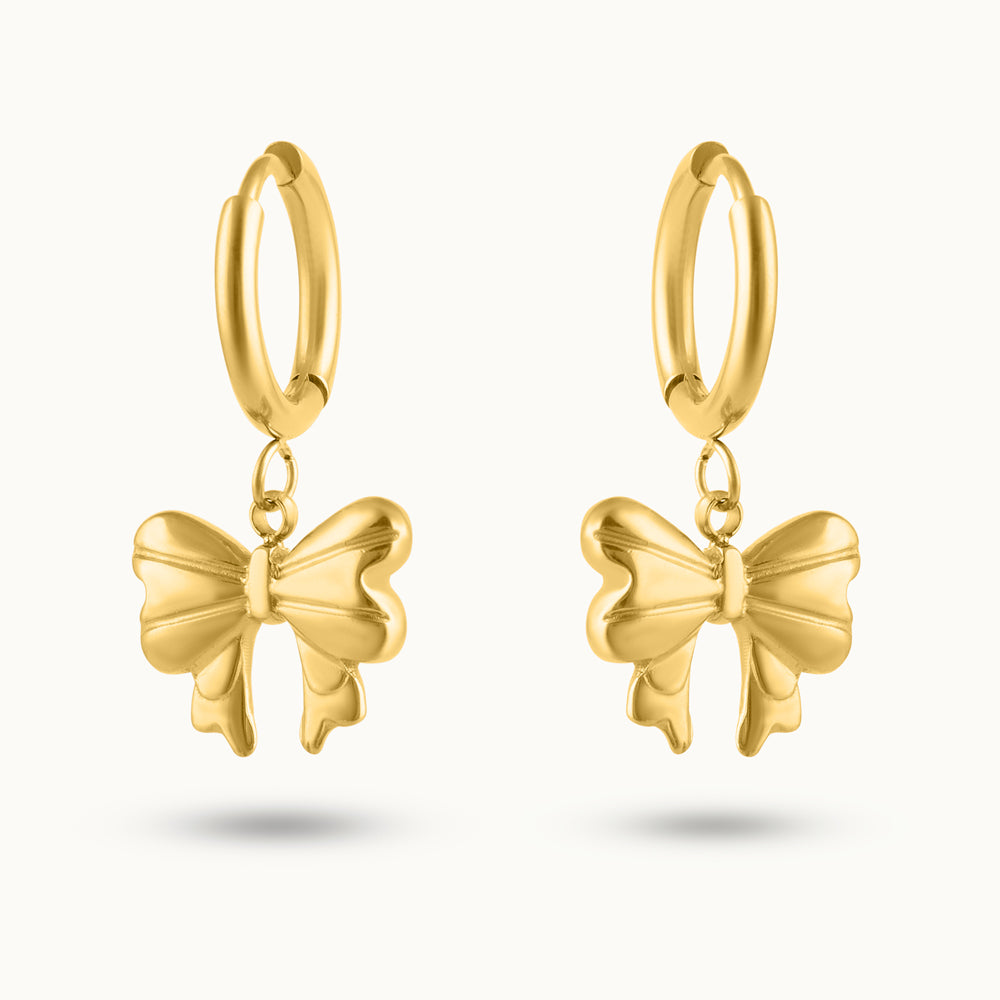 Golden Bow Charm Hoop Drop Earrings