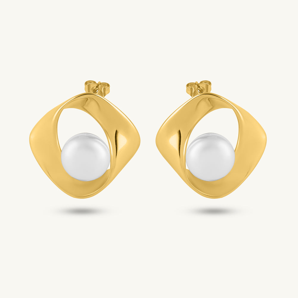 Abstract Gold Shell Pearl Studs