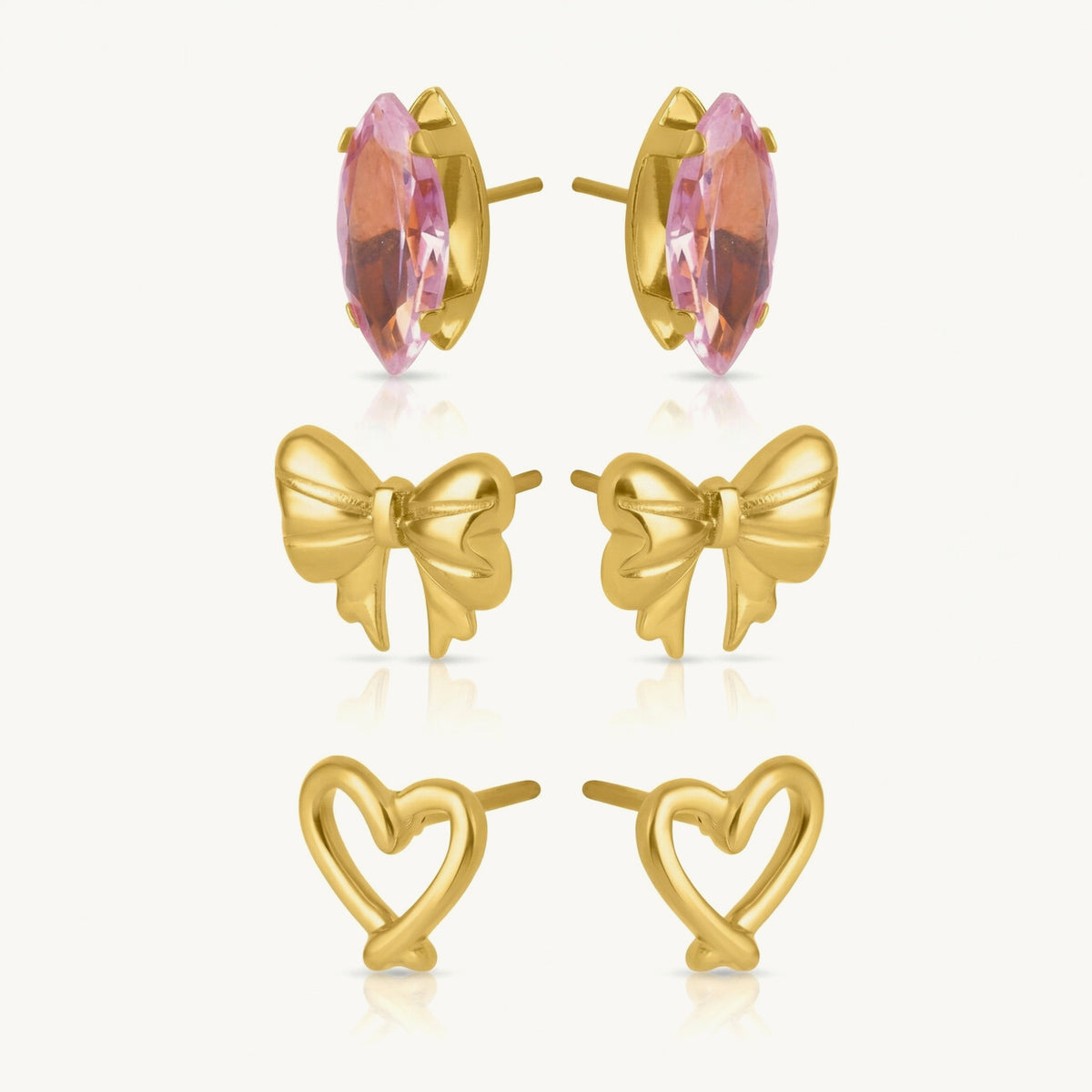 Love Blush Trio Bow Heart CZ Earring Set