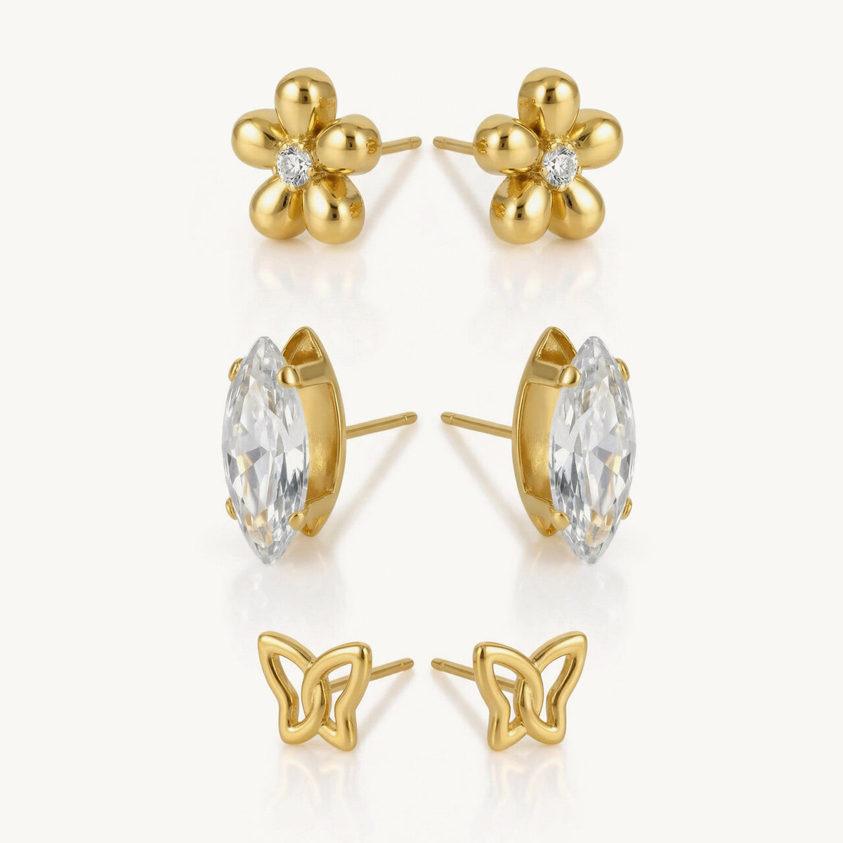 Bloom Wings CZ & Floral Stud Earring Set