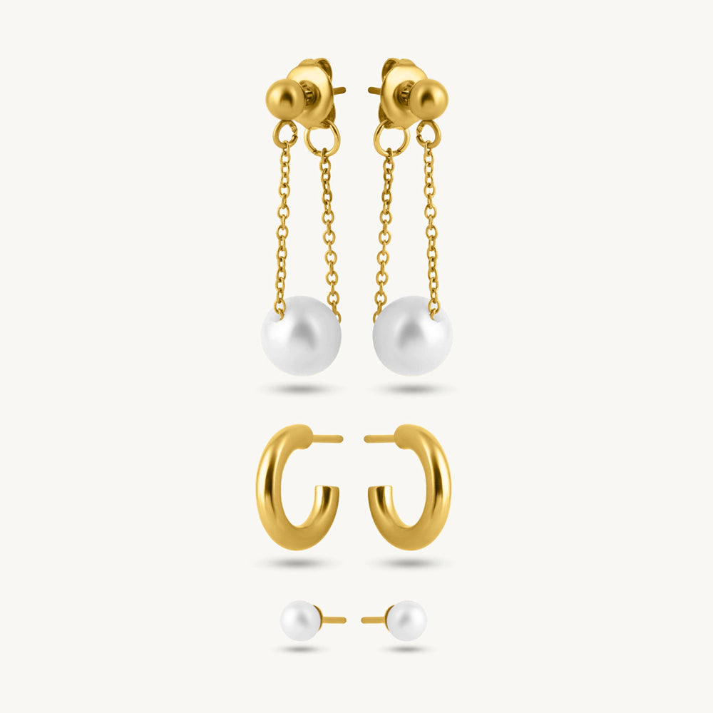 Pearl Drape Chain, Hoops & Stud Earring Set