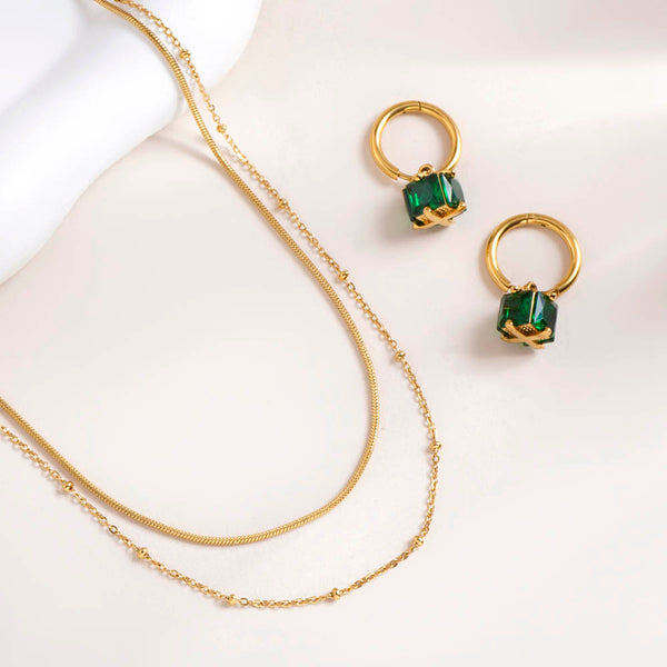 Emerald Hoop Earrings & Double Layer Choker Necklace Combo Set - Image 1