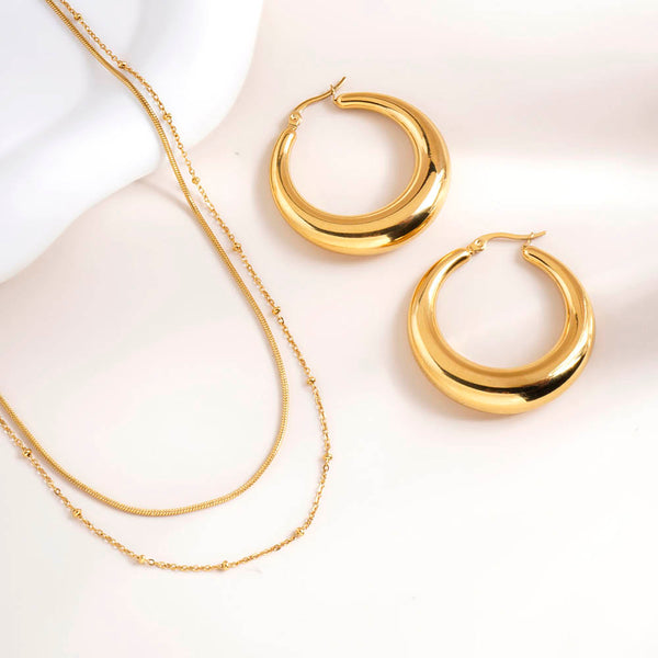 Chic Chunky Hoop Earrings & Double layer choker necklace Combo Set - Image 1
